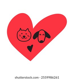 Cute dog and cat faces inside a red heart. Concept for Valentine's day or animal shelter. Flat illustration on white background.