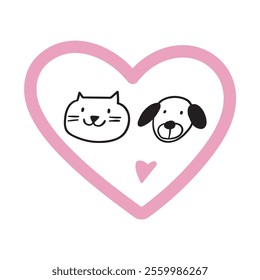 Cute dog and cat faces inside a pink heart. Concept for Valentine's day or animal shelter. Hand drawn graphic design. Outline illustration on white background.