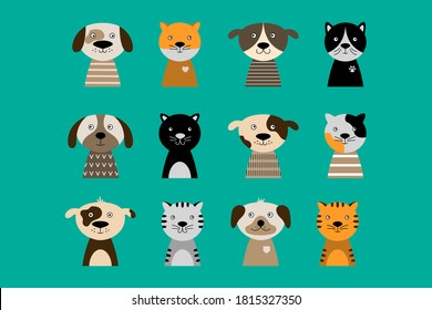 Cute dog and cat faces. Vector illustration with hand-drawn animals. Can be used for greeting card, poster, pet shop, nursery.