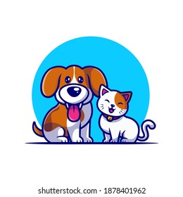 Ilustración Del Icono Del Vector De Caricaturas Cute Dog Y Cat Friend. Concepto de icono de la naturaleza animal Vector Premium aislado. Estilo de dibujo plano