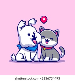 Cute Dog and Cat Friend Cartoon Vector Icon Illustration. Animal Nature Icon Concept Isolated Premium Vector. Flat Cartoon Style