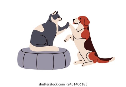 Cute dog and cat friends giving high five. Pets communication concept. Smart canine and feline animals greeting with paw, hi gesture. Flat graphic vector illustration isolated on white background