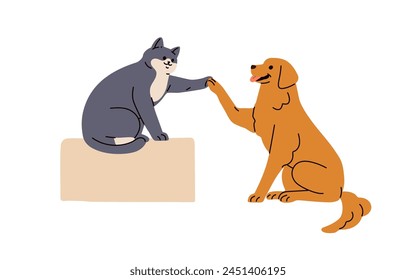 Cute dog and cat giving high five, greeting with paws. Smart pets communication. Canine and feline animal friends. Kitty and puppy. Flat graphic vector illustration isolated on white background