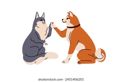 Cute dog and cat giving high five. Smart trained pets, greeting with paws, hi gesture. Canine and feline friends, happy kitty and puppy. Flat graphic vector illustration isolated on white background