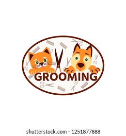 Cute dog and cat at groomer salon. Pet grooming concept.  Vector illustration for pet hair salon, styling and grooming shop, pet store for dogs and cats