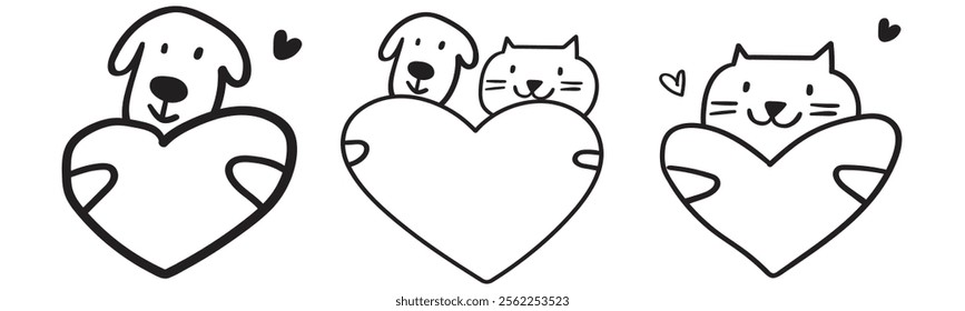 Cute dog and cat hold heart. Template. Design for Valentine's day or birthday card. Outline illustrations on white background.