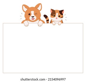 Cute Dog And Cat Are Holding White Blank Paper For Text. Pet Notice Banner Concept Vector Illustration.