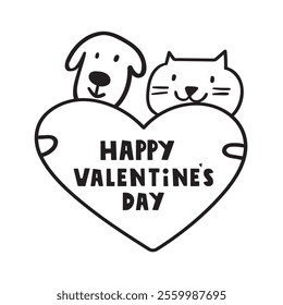 Cute dog and cat hugging a heart. Happy Valentine's day design. Outline hand drawn illustration on white background.