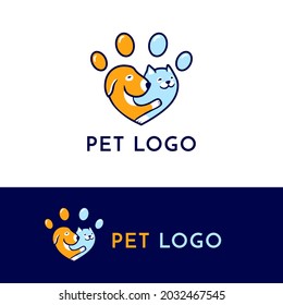 Cute dog and cat hugging pet logo in paw print sign. vector illustration