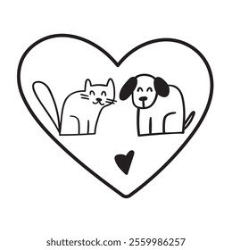 Cute dog and cat inside a heart.  Concept for Valentine's day or animal shelter. Outline illustration on white background.