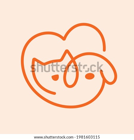 Cute dog and cat inside heart logo line art vector. Veterinary logo, cat and dog logo design, pet care, pet shop, vet clinic, pet clinic.