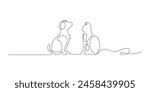 Cute dog and cat looking at each other, pet online continuous hand drawn vector objects. Cute pets one line art. Vector illustration