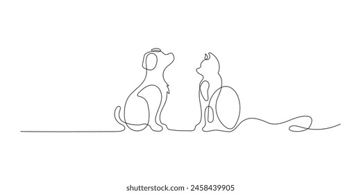 Cute dog and cat looking at each other, pet online continuous hand drawn vector objects. Cute pets one line art. Vector illustration