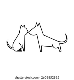 Cute dog and cat looking at each other line art design