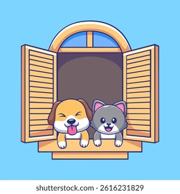 Cute Dog and Cat Looking Out of Window Cartoon Vector Icon Illustration. Animal Nature Icon Concept Isolated.