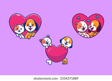 Cute Dog And Cat Love Couple With Heart Vector Design Illustrations Pack