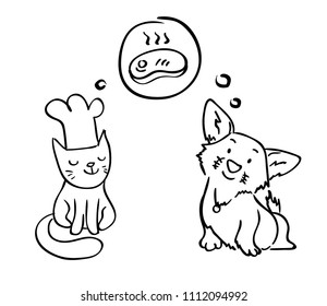 cute dog and cat love meat. coloring