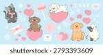 Cute dog and cat love vector set. Adorable cartoon pets with hearts, envelope, paper plane, bone, yarn ball and sweet Valentine sticker elements.