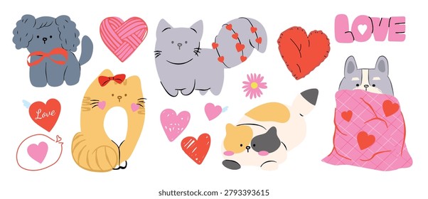 Cute dog and cat love vector set. Adorable cartoon pets with hearts, envelope, paper plane, bone, yarn ball and sweet Valentine sticker elements.