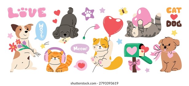 Cute dog and cat love vector set. Adorable cartoon pets with hearts, envelope, paper plane, bone, yarn ball and sweet Valentine sticker elements.