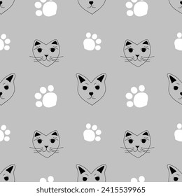 Cute dog and cat pattern, seamless background with animals and paw prints.