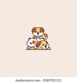 Cute Dog And Cat Playing icon flat vector design.