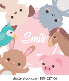 cute dog cat rabbit pig parrot horse cartoon animals vector illustration