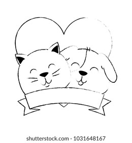 cute dog and cat with ribbon