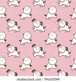 Cute dog and cat romantic seamless vector pattern. Template for fabric and wrapping paper. Funny cartoon character.