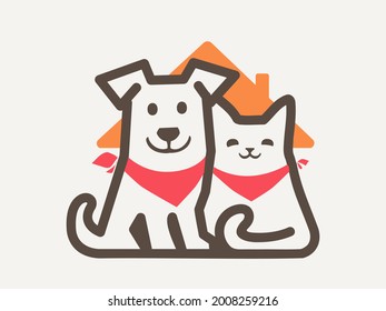 cute dog and cat and roof house logo design. pet services, rescue, boarding, care and walking minimal symbol  