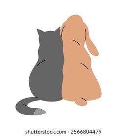 A cute dog and a cat are sitting together. Pet friendship. Animals from the back. Cartoon vector illustration isolated on white background