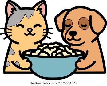 Lindo perro y gato sentados juntos compartiendo tazón de comida. Perfecto para marcas de alimentos para mascotas, guías de alimentación, hogares de mascotas múltiples, refugios para animales y servicios de cuidado de mascotas.