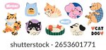 Cute dog and cat sticker vector. Lovely pet doodle pattern in different poses and breeds. Adorable funny pet and many characters hand drawn collection for T-shirt, sticker, print, pet shop.