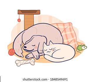 Cute dog and cat are taking a nap together on a blanket. Concept illustration of daily life of companion animals.