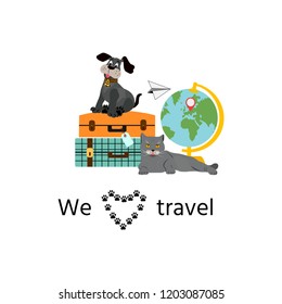 Cute dog and cat with text "We love travel". Concept illustration of pet carrying and travelling with pets.