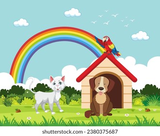 Cute dog and cat together in front of a dog house