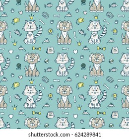 Cute Dog and Cat together. Vector Seamless pattern with hand drawn doodle Puppy and Kitten and accessories for Pets