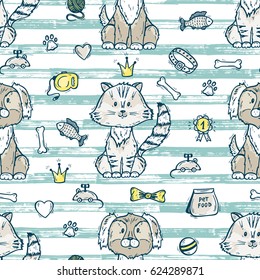 Cute Dog and Cat together. Vector Seamless pattern with hand drawn doodle Puppy and Kitten and accessories for Pets