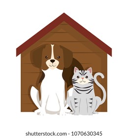 cute dog and cat with wooden house characters