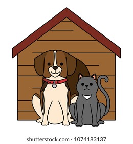 cute dog and cat with wooden house characters