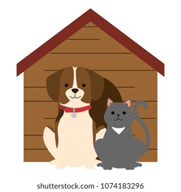 cute dog and cat with wooden house characters