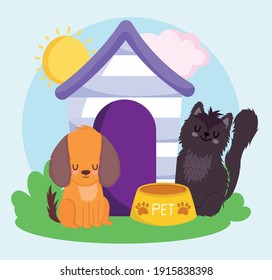 cute dog and cat with wooden house food pets vector illustration