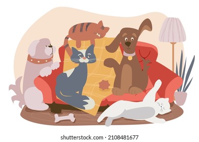 Cute dog and cats sitting on sofa concept background. Mischievous pets sitting and lying on couch in living room, playing together. Domestic animals care. Vector illustration in flat cartoon design