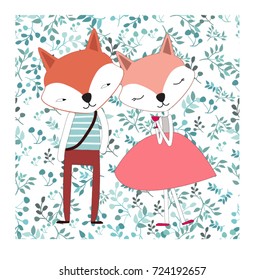 Cute dog character animal fox wolf couple lover doodle comic cartoon art pattern vector illustration green blue  leave flower floral seamless background green pastel color,invitation card