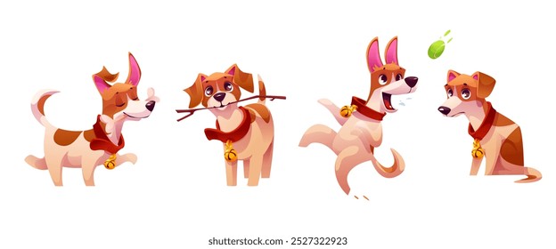 Cute dog character behavior cartoon vector set. Puppy pet play ball and tree branch graphic illustration. Active pup expression with different pose and emotion. Playful, tired and sad baby terrier