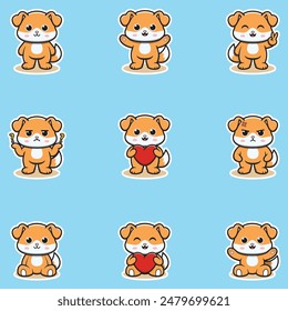 Cute Dog character different poses illustration. Cartoon character design. Flat Cartoon Style. Cute Animal Set.