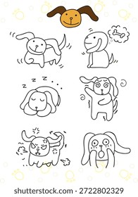 Conjunto de emoção de personagem de cachorro bonito, rabiscos desenhados à mão de um cão mostrando vários sentimentos.