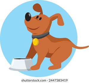 
Cute Dog Character with Food Bowl Vector Cartoon Icon Design. Cheerful hungry pet asking for more lunch 
