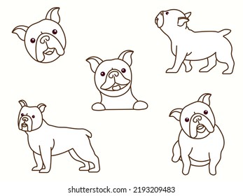 Hundehund-Charakter der französischen Bulldogge-Rasse. Hunde stehen in unterschiedlichen Posen. Flaches design-Linie, Vektorsymbol-Set