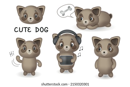 Cute dog character, the set consists of 5 pictures. 3d vector illustration isolated on white background. Dog is listening to music, saying hi, dreaming about a bone. Kawaii cartoon animal.